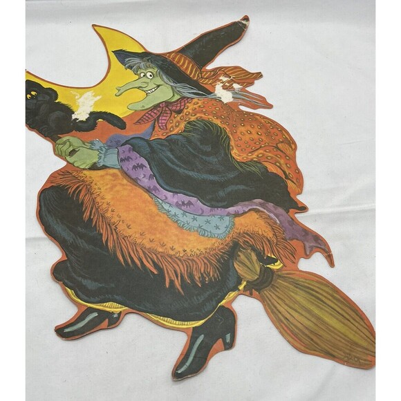 Vintage Halloween Diecut Cutout Decor 15” Witch Broom Black Cat Pumpkin - Picture 12 of 14